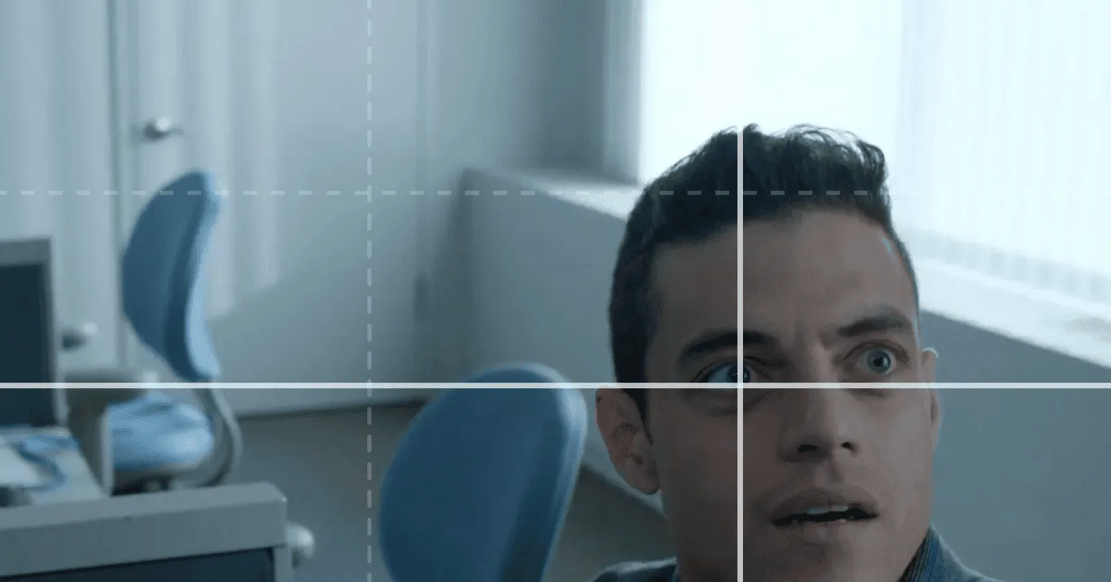 Elliot looking off-frame in the lower quadrant of Mr. Robot